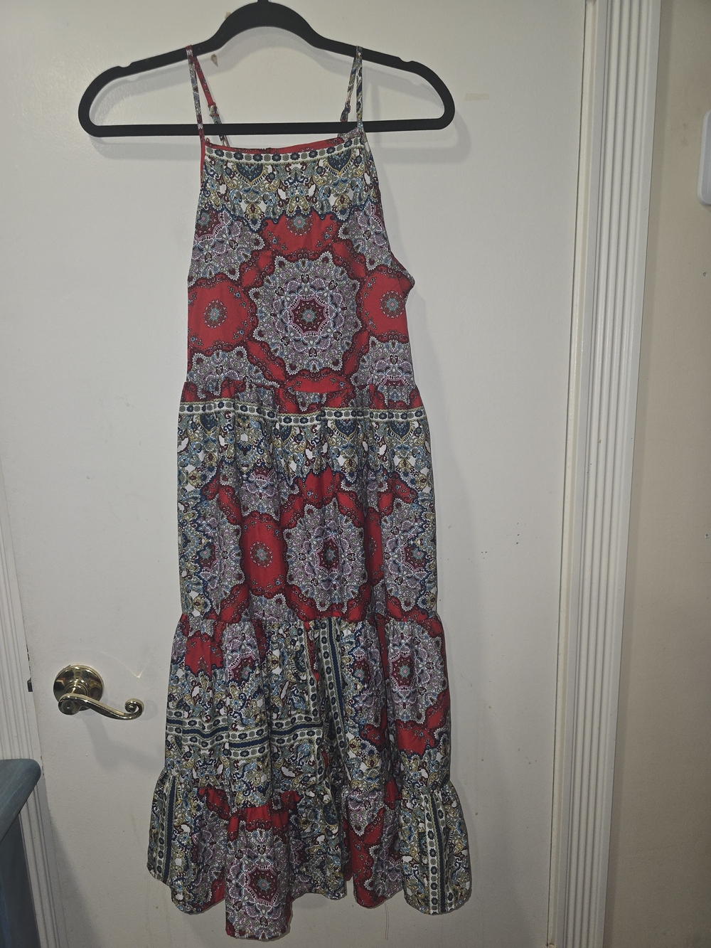 Bohemian Red Patterned Midi Sundress with Spaghetti Straps